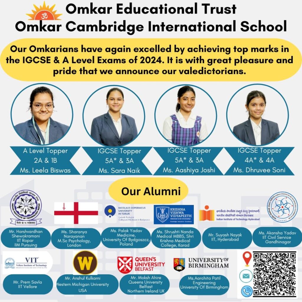 Our Omkarian’s have again excelled by achieving top marks in the IGCSE & A level exams of 2024. It is with great pleasure and pride that we announce our valedictorians.