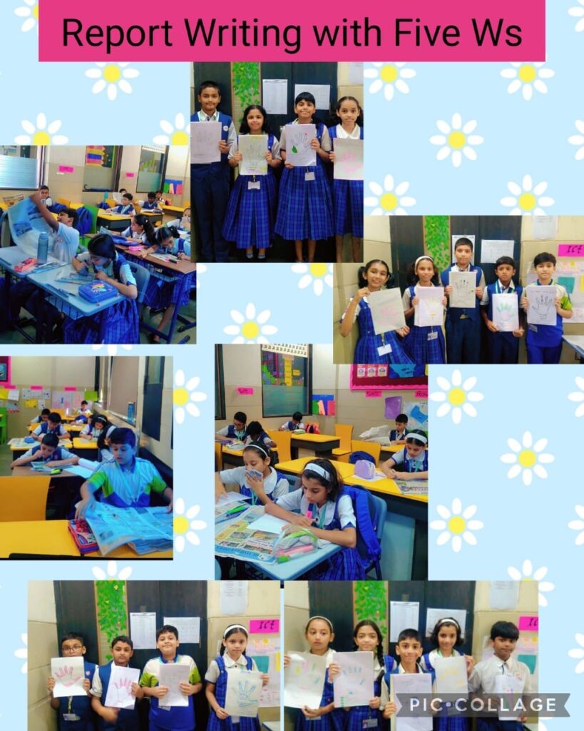 Report writing with Five Ws by grade 3, 4, 5 learners.