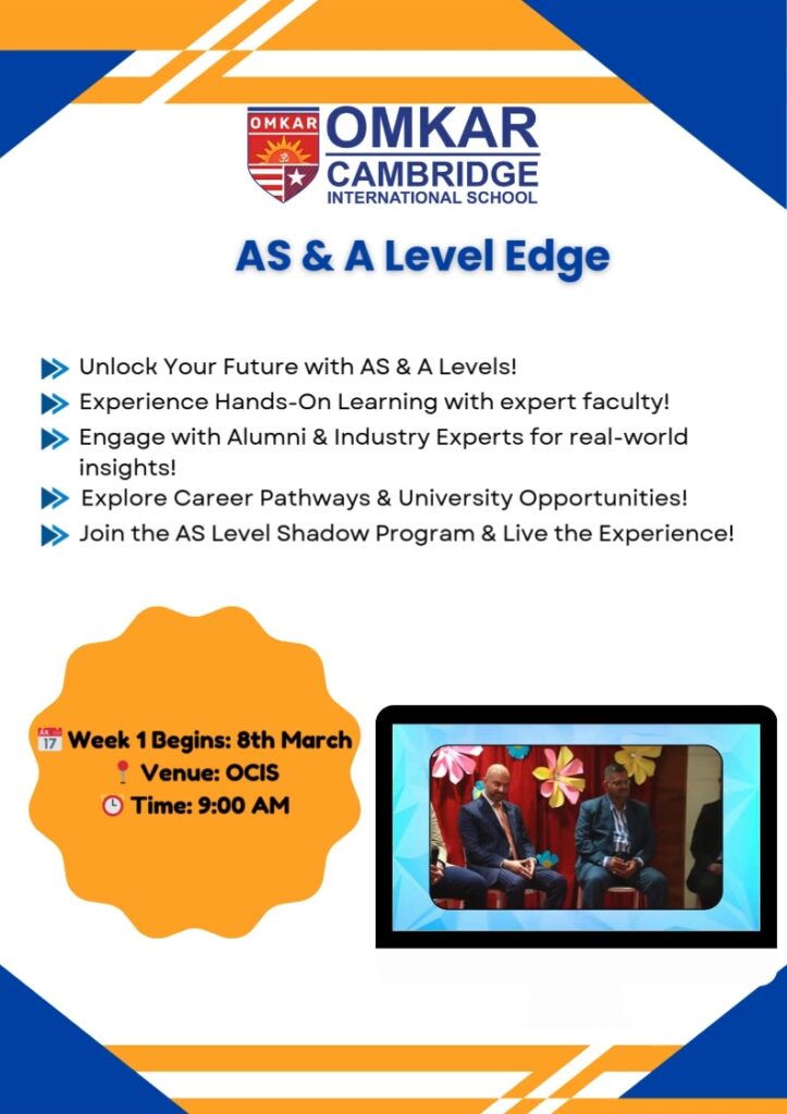 Exciting Announcement! AS & A Level Edge – Your Future Starts Here! Omkar Cambridge International School presents a 4-week immersive orientation program designed exclusively for Grade 10 students! Unlock Your Future with AS & A Levels! Experience Hands-On Learning with expert faculty! Engage with Alumni & Industry Experts for real-world insights! Explore Career Pathways & University Opportunities! Join the AS Level Shadow Program & Live the Experience! Week 1 Begins: 8th March Venue: Omkar Cambridge International School Time: 9:00 AM Get ready to dream big, explore opportunities, and take the first step towards a successful future! Link for registration: Stay tuned for more details! #ASLevelEdge #YourFutureStartsHere #OmkarCambridge #FutureReady